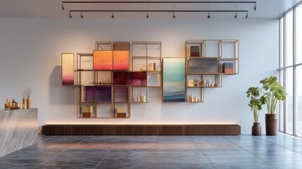 Modern entry gallery with modular display wall (mockup)  