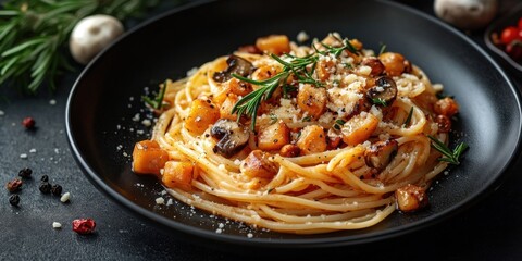 Elegant Pasta Dish with Chanterelle Mushrooms on Black Plate