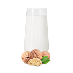 Nut milk in glass and walnuts isolated on white