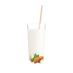 Nut milk in glass and almonds isolated on white