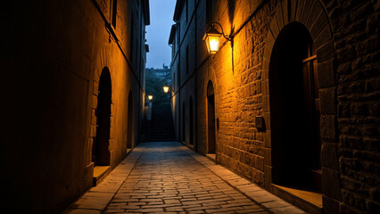 Fototapeta premium A quiet narrow alleyway illuminated by a single glowing streetlamp at dusk. 
