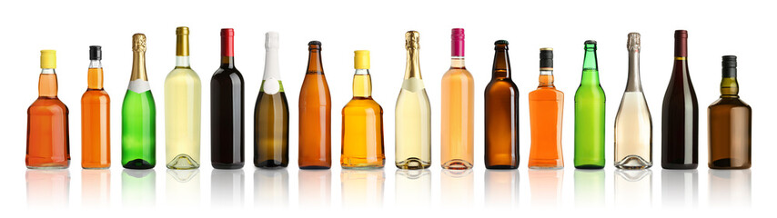 Bottles with different types of alcoholic drinks isolated on white, set