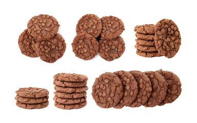Yummy chocolate chip cookies isolated on white, collage