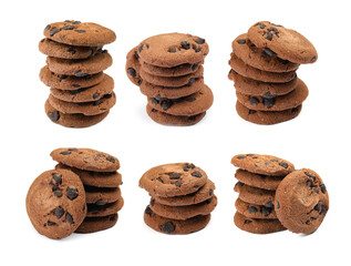Yummy chocolate chip cookies isolated on white, collage