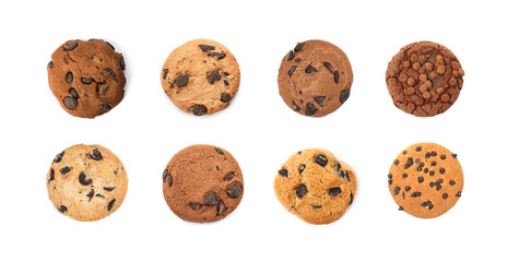 Yummy chocolate chip cookies isolated on white, set