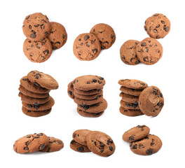 Yummy chocolate chip cookies isolated on white, collage