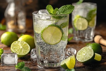 Fototapeta premium Refreshing lime and mint beverage in glasses.