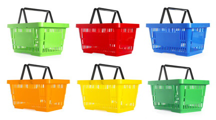 Shopping baskets in different colors isolated on white, set