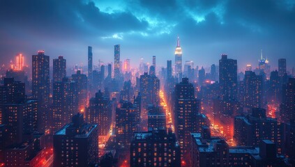 Fototapeta premium Night cityscape, city lights, foggy skyline, urban panorama, aerial view