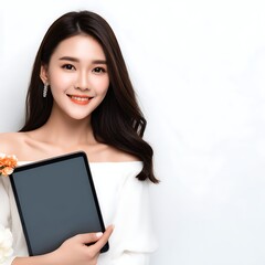 Fototapeta premium Smiling Woman Holding Tablet in Modern Stylish Fashion Attire