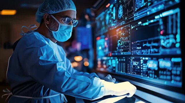 Medical professional analyzes data on advanced display screens in research facility