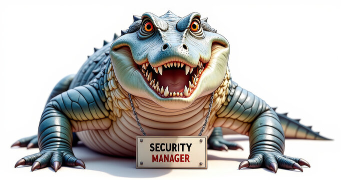 Cartoon crocodile character posing as a security manager  