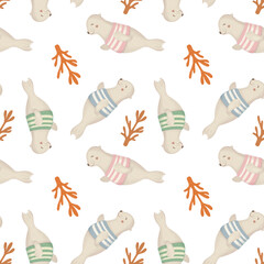 Seamless repeating pattern with cute cartoon seals in striped swimsuits and coral branches. Playful underwater marine design for baby textiles, kids products, and nursery decor. Transparent background