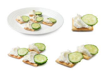 Delicious crackers with cream cheese and cucumber isolated on white, collage