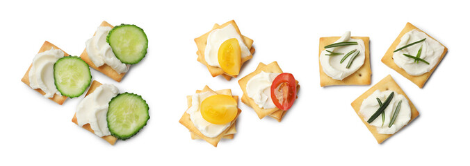 Delicious crackers with different toppings isolated on white, collage. Top view