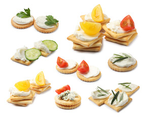 Delicious crackers with different toppings isolated on white, collage