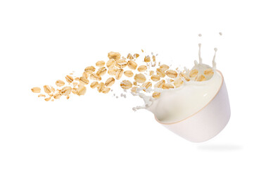 Oats and milk splashing out from bowl in air on white background