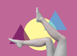 Epilation, creative collage. Woman showing legs with drawn hairs against pink background with...