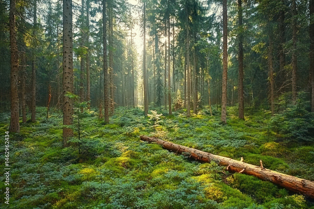 Poster sunlight filtering through tall pine trees illuminating green moss and low vegetation with a fallen 