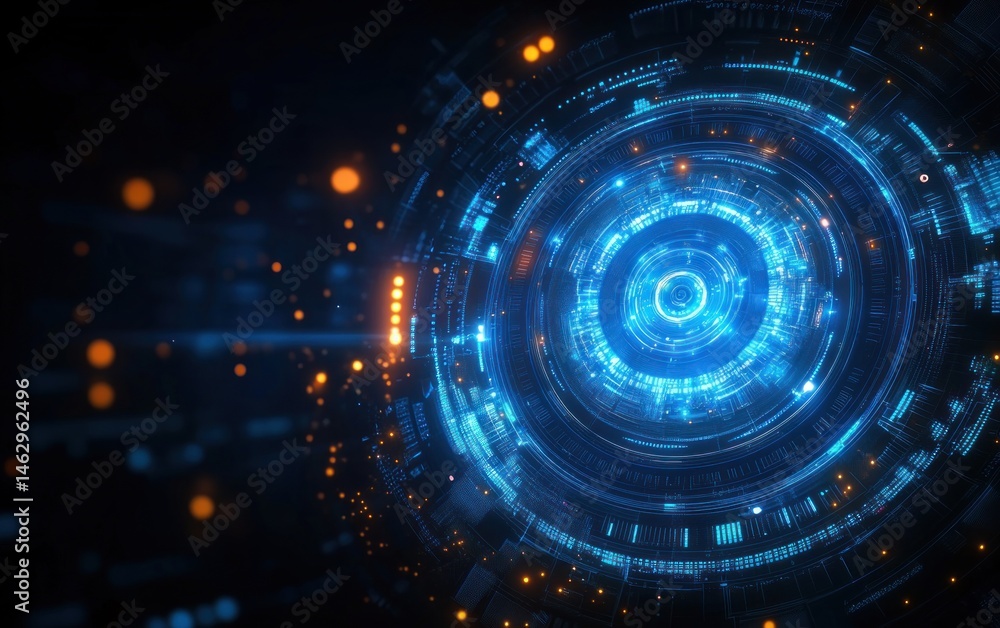 Poster glowing futuristic blue circular digital interface with intricate concentric patterns and orange lig