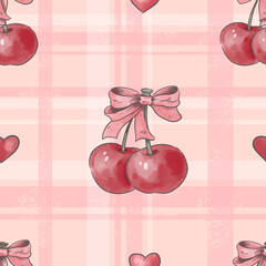 Watercolor Cherries with Bow Preppy Seamless Pattern