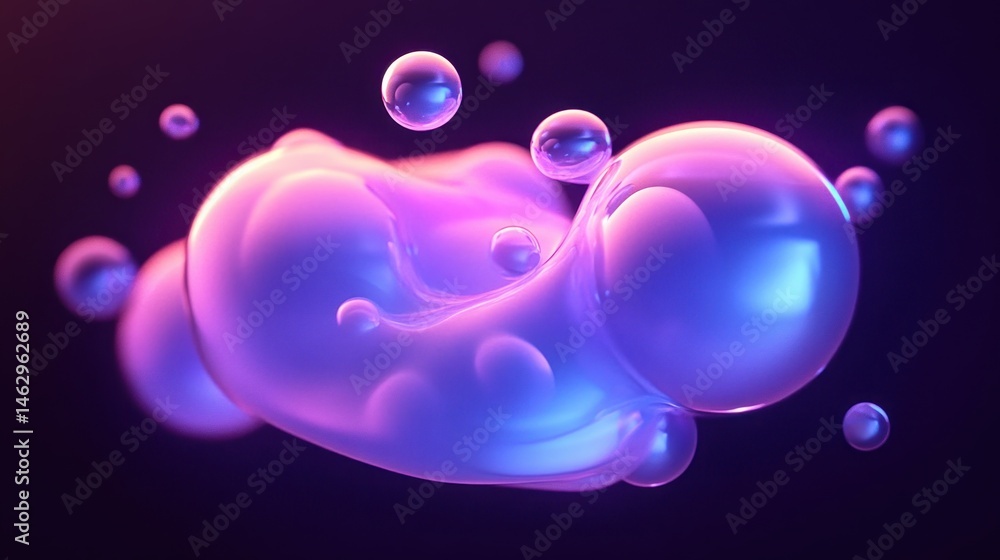 Poster abstract glowing translucent purple and blue bubbles floating against dark background with smooth ro