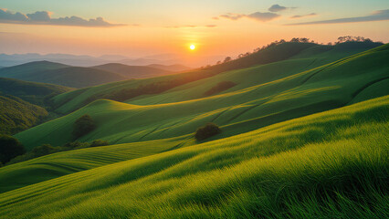 Fototapeta premium Golden light paints the mountain landscape with hues of sunset and sunrise across the rural horizon