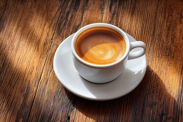 white ceramic cup filled with espresso coffee on a white saucer placed on a wooden table with warm sunlight creating cozy atmosphere
