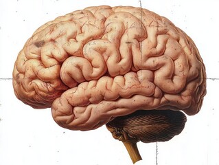 Detailed anatomical illustration of a human brain showing cerebral cortex, cerebellum, and brainstem with realistic textures and folds