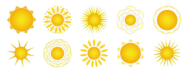 Set of sun with different shapes of rays - triangular, oval with circles, and with arcs on white background. Element of the elements. Ideal for summertime, seasonal, weather, beach, and outdoor design