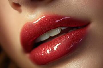 Fototapeta premium Close-up of glossy red lips slightly parted revealing white teeth and soft skin texture