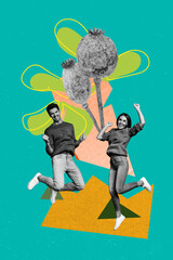 Trend image collage of people stand near poppy head flowers on teal color background