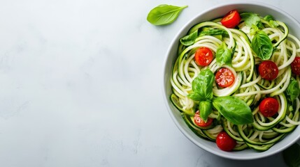 This vibrant bowl of zucchini noodles and cherry tomatoes highlights a healthy, fresh dish that showcases the beauty of natural ingredients and vibrant colors.