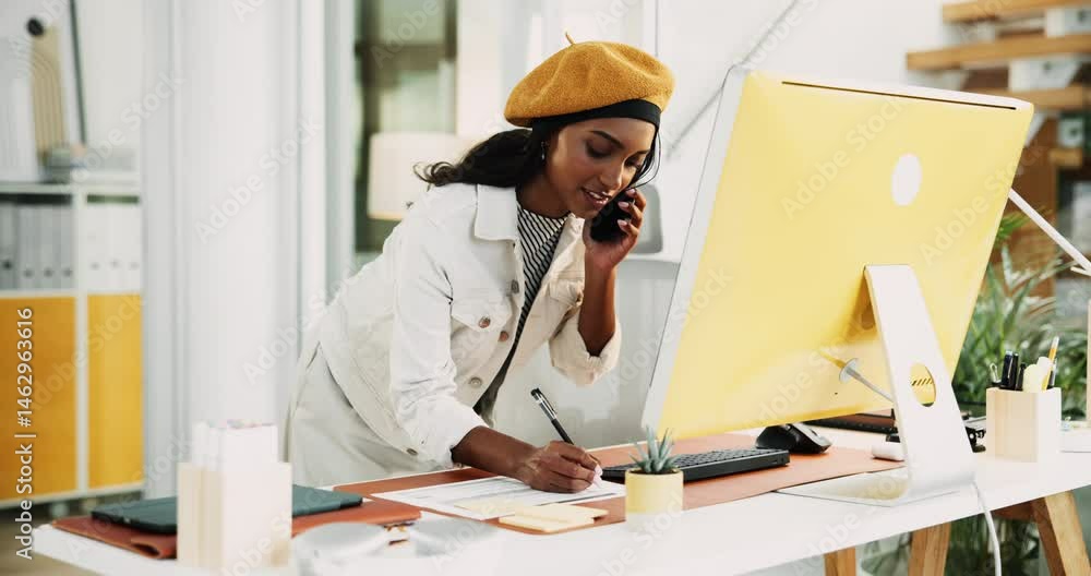 Aufkleber woman, writing notes and phone call with computer for discussion, questions and schedule story. fema