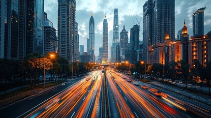 Fototapeta premium Cityscape at Dusk Traffic Flowing Through Shanghai Urban Highway