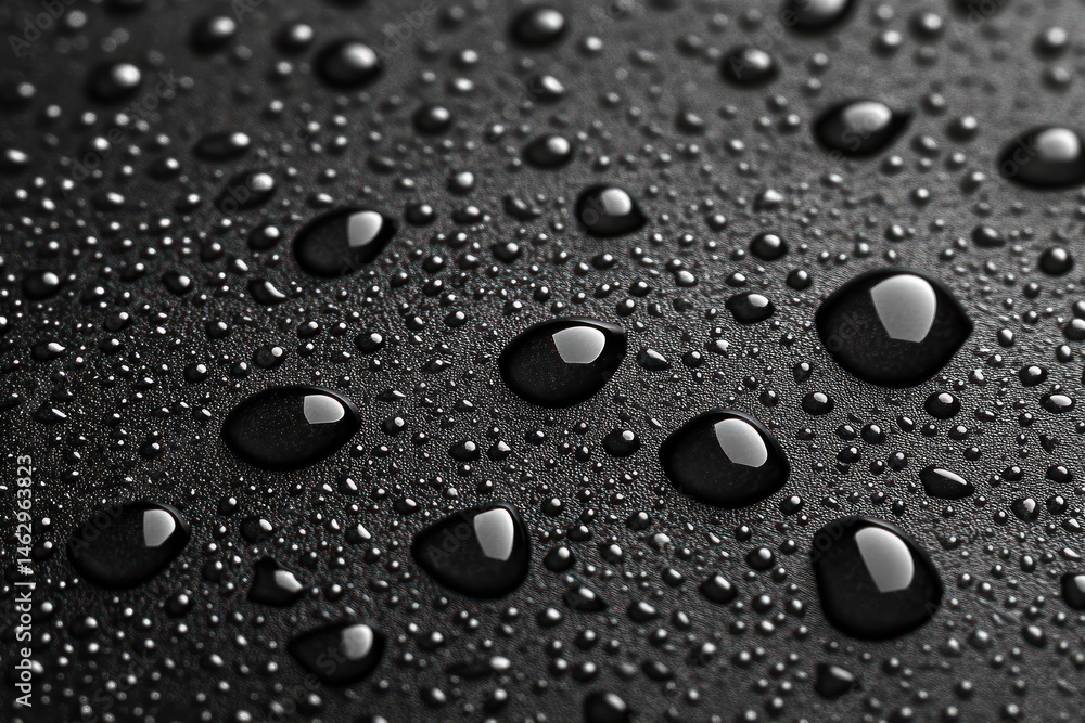 Poster close-up of water droplets of varying sizes scattered on a smooth black surface, reflecting light an