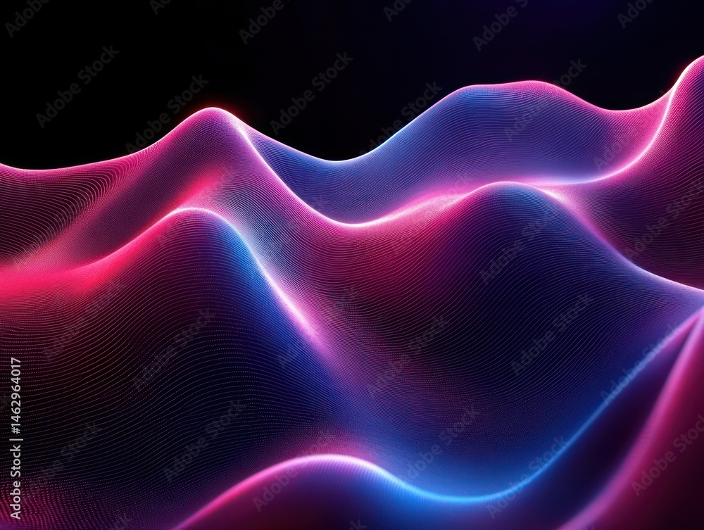 Poster abstract digital waves with smooth flowing lines illuminated by vibrant pink and blue neon lights ag