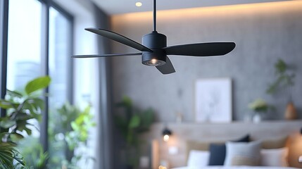 Modern black ceiling fan in minimalist bedroom