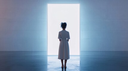 Fototapeta premium A silhouette of a woman in a white dress stands before a glowing doorway, symbolizing opportunities, hope, and new beginnings in a minimalist setting.