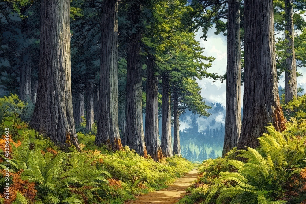 Poster sunlit forest path lined with tall trees and lush green ferns leading towards misty mountains under 