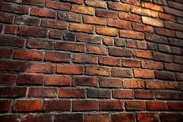 Obraz premium close-up view of a textured red brick wall with visible mortar lines and subtle lighting enhancing the rough surface