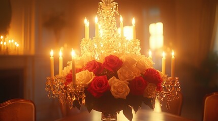Crystal chandelier with roses, lit candles, in grand room