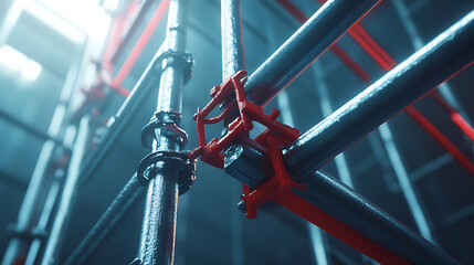 Close-up of Scaffolding Structure with Red and Black Components