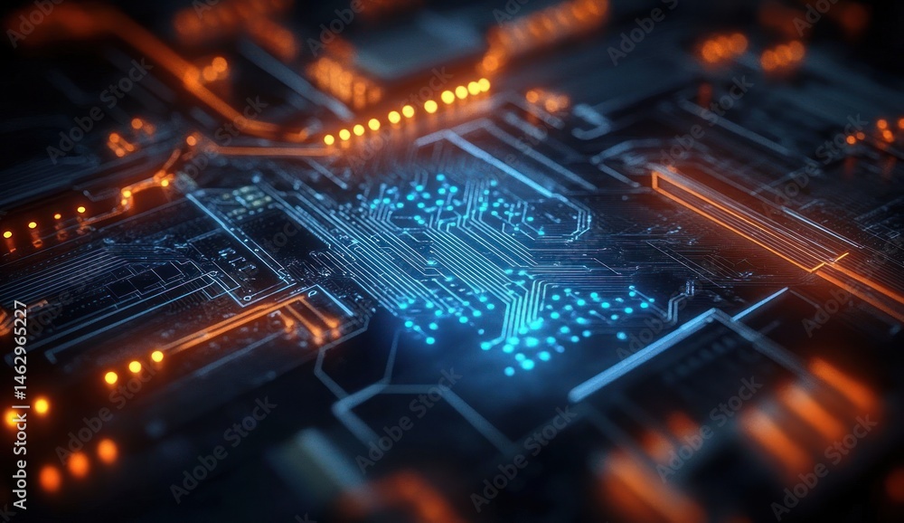 Poster close-up view of a futuristic electronic circuit board with glowing blue and orange pathways and int