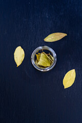 bay leaf on a black background, glass jar