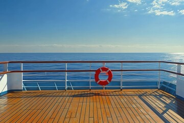 Obraz premium Empty wooden deck of a ship with a red lifebuoy hanging on the railing overlooking a calm blue sea under a partly cloudy sky