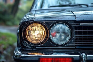 Fototapeta premium Close-up of a classic black car front with one headlight on and the other off, chrome bumper reflecting light and water droplets on the surface, in a blurred outdoor setting