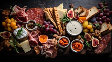 Fototapeta premium Charcuterie board with various cheeses, cured meats, nuts, fruit and dips