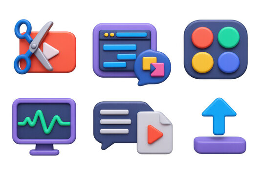 3D icon set of video editing workflow: video cut tool icon, edit timeline badge, transition effects bubble, color grading palette, sound sync screen, subtitles editor badge, final export file, upload