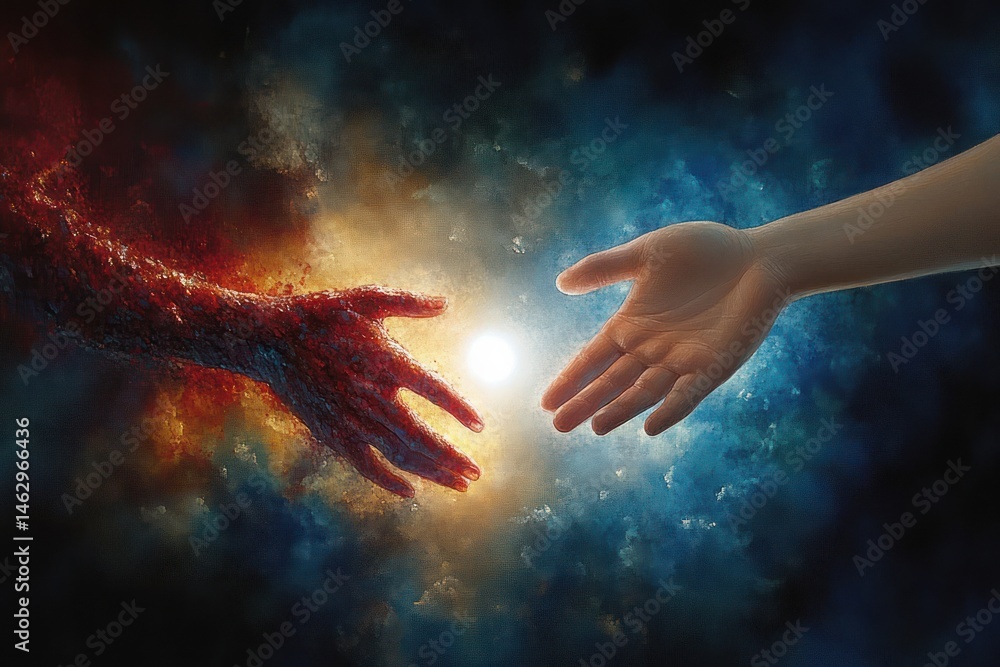 Poster Two hands reaching towards each other through a cosmic background with one hand appearing fiery and textured and the other smooth and human-like around a glowing central light
